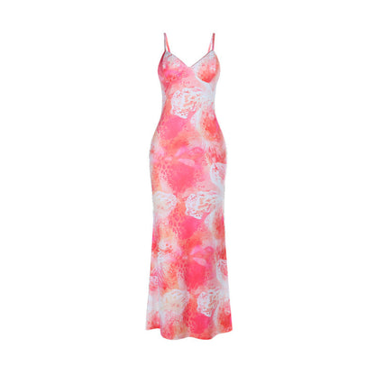 V neck print backless cami maxi dress  | Festival Outfits Women