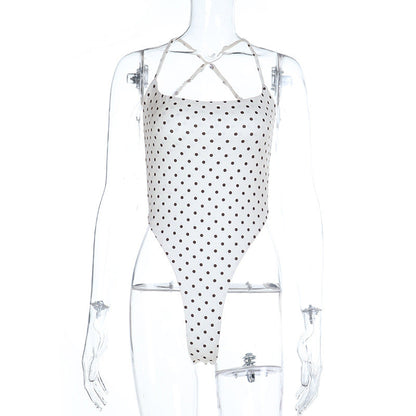 Polka dot u neck cross back backless cami bodysuit  | Festival Outfits Women