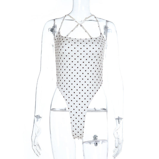Polka dot u neck cross back backless cami bodysuit  | Festival Outfits Women