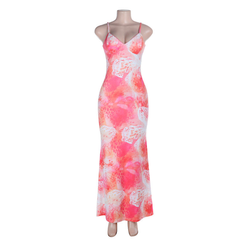 V neck print backless cami maxi dress  | Festival Outfits Women