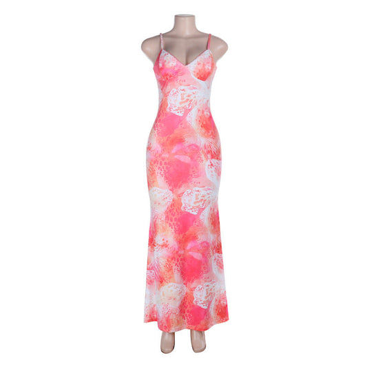 V neck print backless cami maxi dress  | Festival Outfits Women