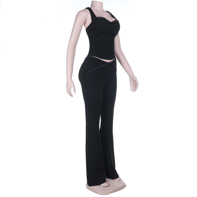 V neck lace hem low rise backless cami pant set  | Festival Outfits Women