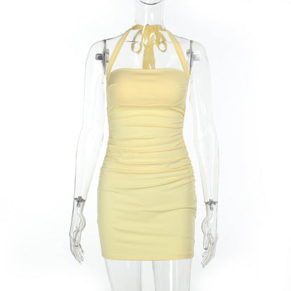 Ruched square neck halter self tie mini dress  | Festival Outfits Women