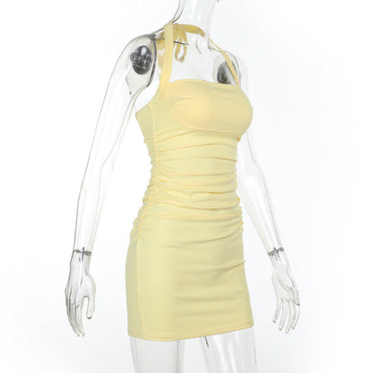 Ruched square neck halter self tie mini dress  | Festival Outfits Women