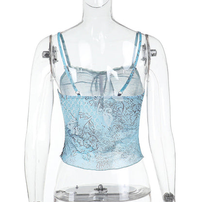 Lace hem self tie print mesh backless cami top  | Festival Outfits Women
