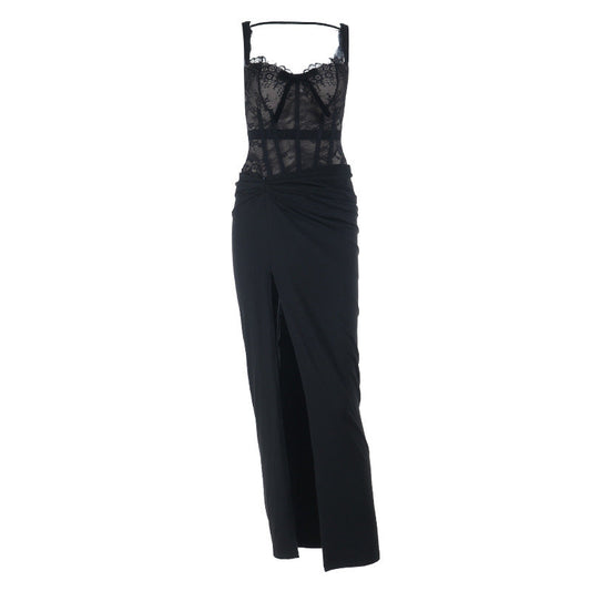 Lace hem bowknot slit ruched cami maxi dress  | Festival Outfits Women