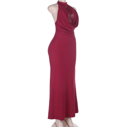 Halter crewneck lace backless solid maxi dress  | Festival Outfits Women