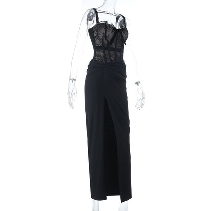 Lace hem bowknot slit ruched cami maxi dress  | Festival Outfits Women