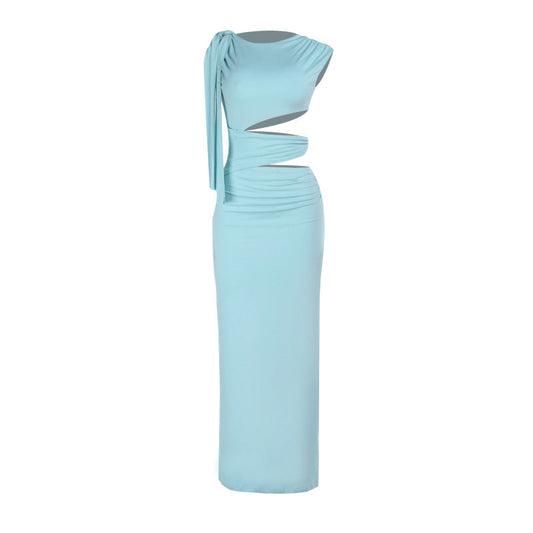 Crewneck hollow out irregular ruched cut out maxi dress  | Festival Outfits Women