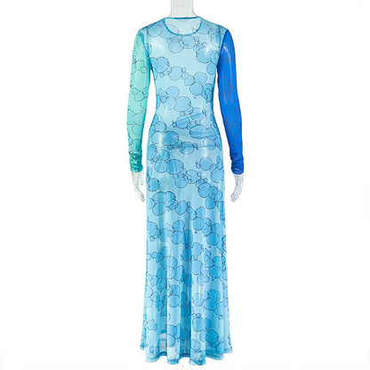 Long sleeve crewneck print slit mesh mini dress  | Festival Outfits Women
