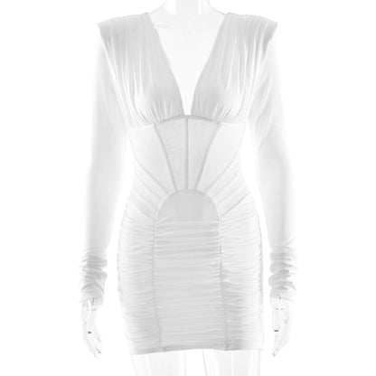 Long sleeve ruched v neck solid mini dress  | Festival Outfits Women
