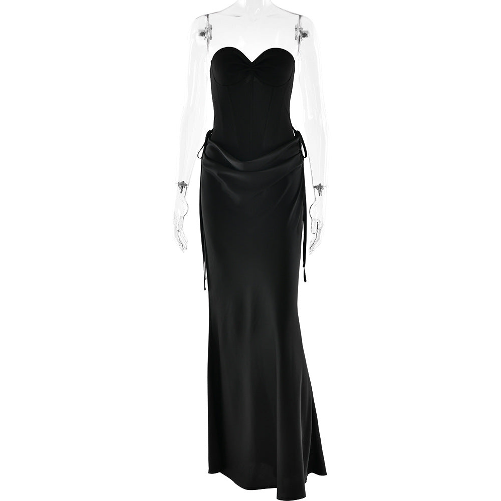 Sweetheart neck pleated satin backless tube maxi skirt set  | Festival Outfits Women