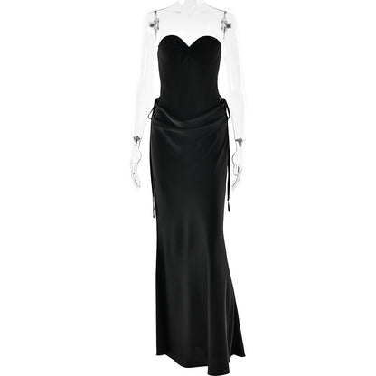 Sweetheart neck pleated satin backless tube maxi skirt set  | Festival Outfits Women