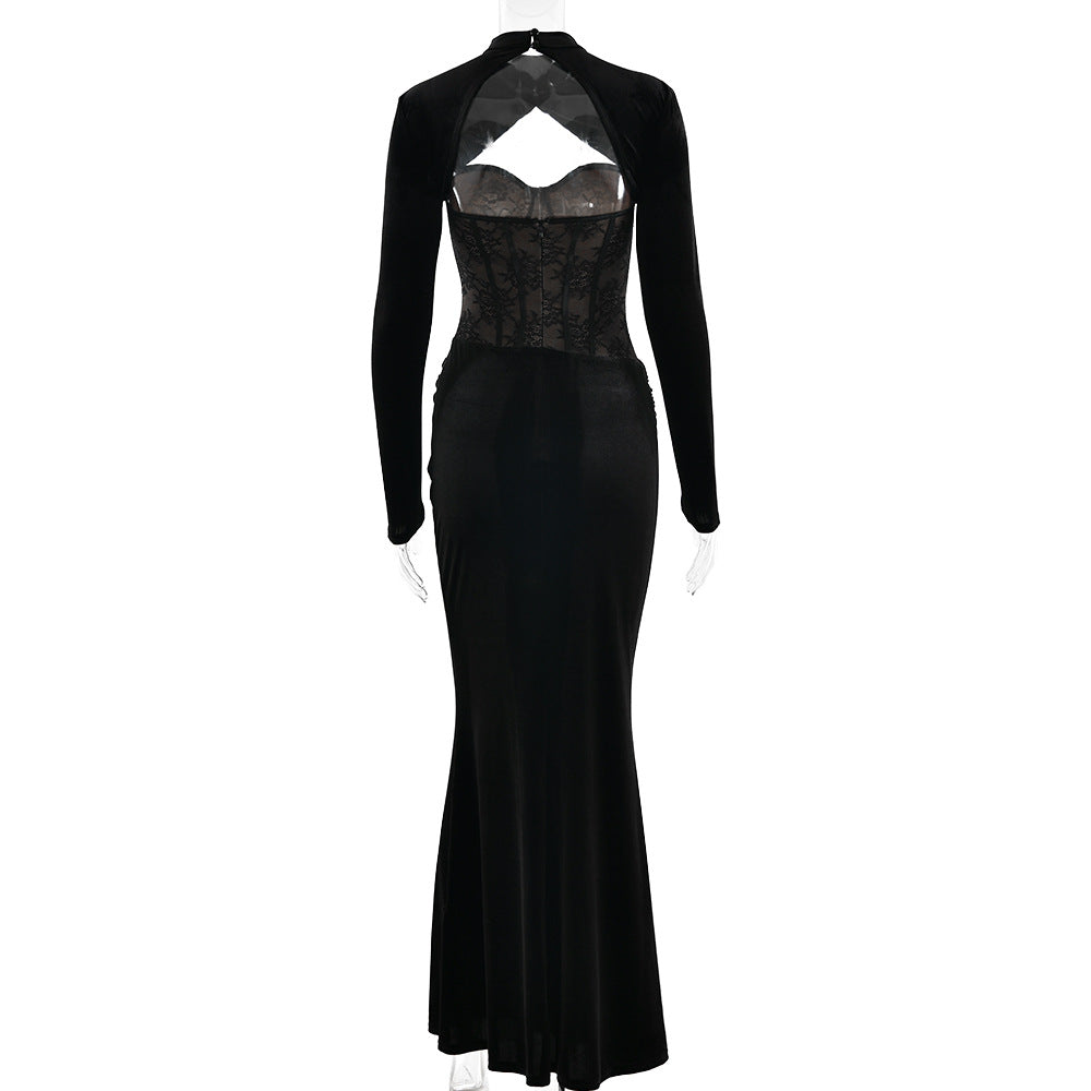Long sleeve lace ruched zip-up solid maxi dress  | Festival Outfits Women