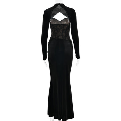 Long sleeve lace ruched zip-up solid maxi dress  | Festival Outfits Women