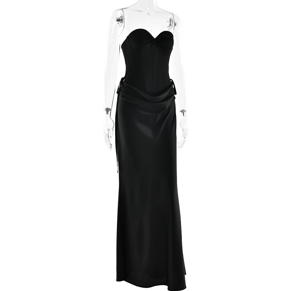 Sweetheart neck pleated satin backless tube maxi skirt set  | Festival Outfits Women