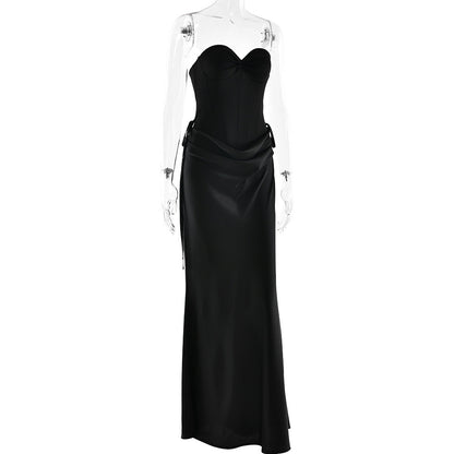 Sweetheart neck pleated satin backless tube maxi skirt set  | Festival Outfits Women