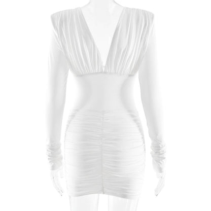 Long sleeve ruched v neck solid mini dress  | Festival Outfits Women