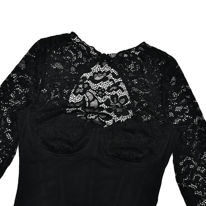 Crewneck long sleeve lace slit solid midi dress  | Festival Outfits Women