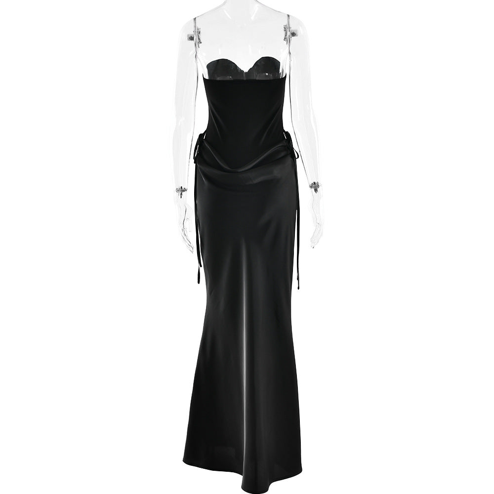 Sweetheart neck pleated satin backless tube maxi skirt set  | Festival Outfits Women