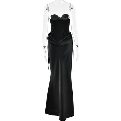 Sweetheart neck pleated satin backless tube maxi skirt set  | Festival Outfits Women