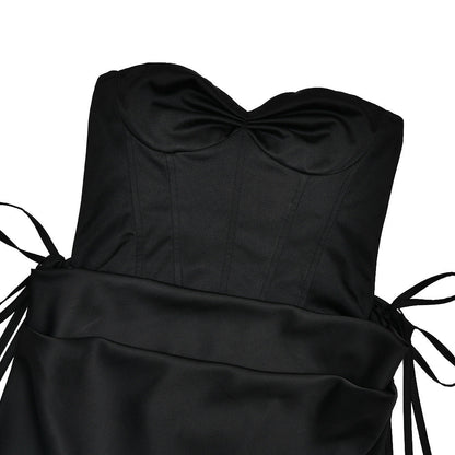 Sweetheart neck pleated satin backless tube maxi skirt set  | Festival Outfits Women