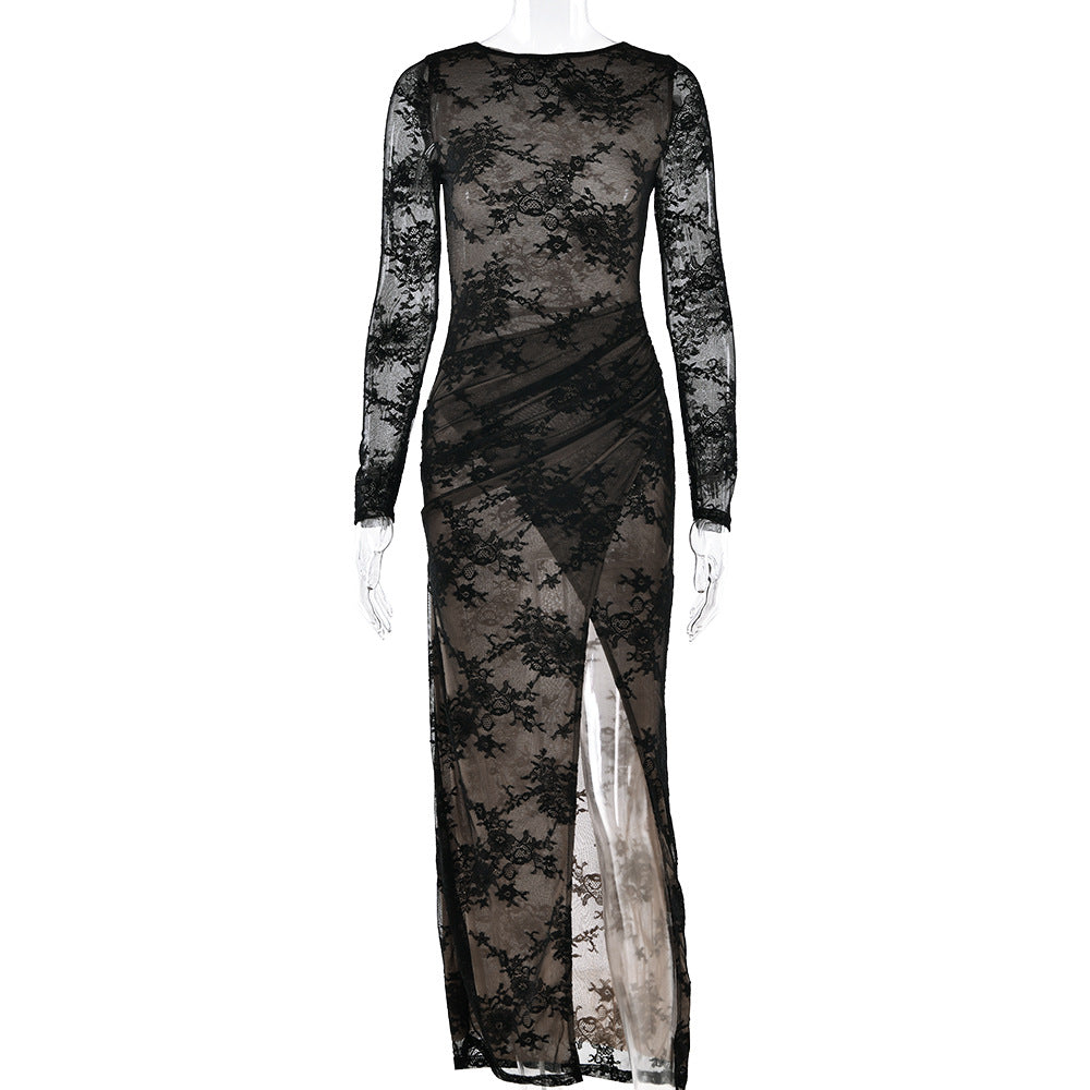 Lace long sleeve slit crewneck irregular midi dress  | Festival Outfits Women