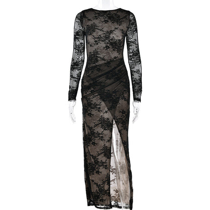 Lace long sleeve slit crewneck irregular midi dress  | Festival Outfits Women