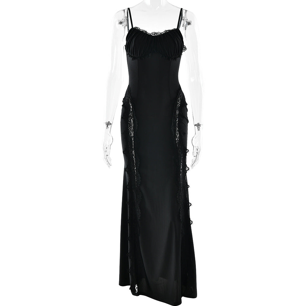 Lace hem v neck backless solid cami maxi dress  | Festival Outfits Women