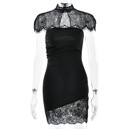 High neck lace ruched irregular 2 piece mini dress  | Festival Outfits Women