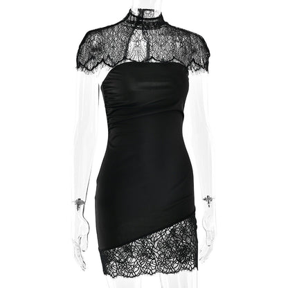 High neck lace ruched irregular 2 piece mini dress  | Festival Outfits Women
