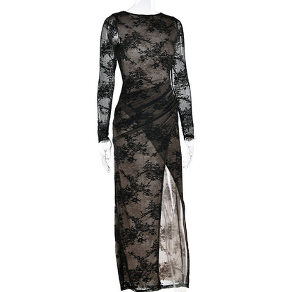 Lace long sleeve slit crewneck irregular midi dress  | Festival Outfits Women