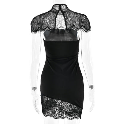 High neck lace ruched irregular 2 piece mini dress  | Festival Outfits Women