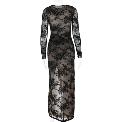 Lace long sleeve slit crewneck irregular midi dress  | Festival Outfits Women