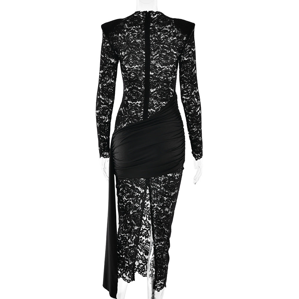 Irregular long sleeve slit zip-up hollow out cut out midi dress  | Festival Outfits Women