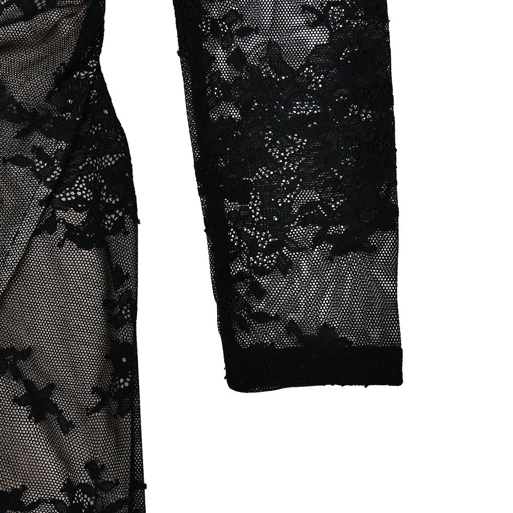 Lace long sleeve slit crewneck irregular midi dress  | Festival Outfits Women