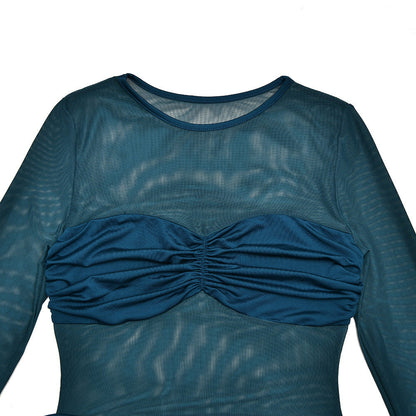 Crewneck long sleeve ruched mesh mini dress  | Festival Outfits Women