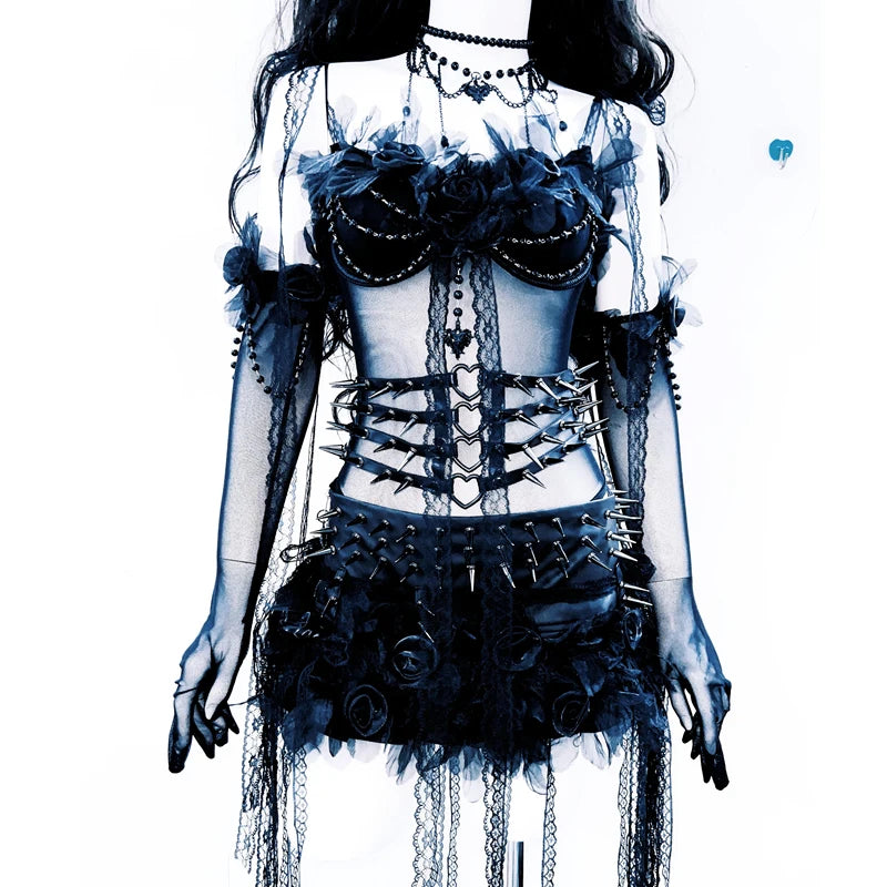 Beaded flower applique PU leather A line mini skirt set Cargo Mini Skirt  | Festival Outfits Women