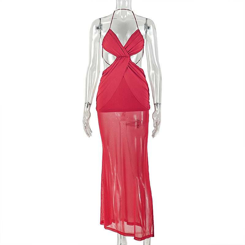 Halter ruched mesh backless self tie maxi dress  | Festival Outfits Women