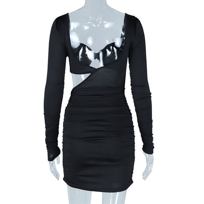Long sleeve hollow out v neck ruched cut out mini dress  | Festival Outfits Women