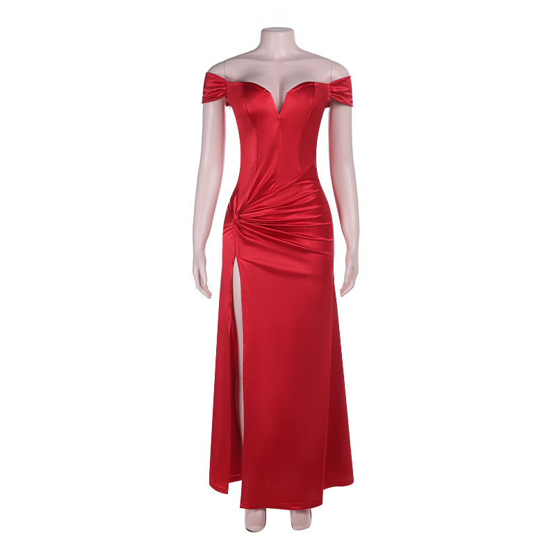 Off shoulder ruched slit irregular zip-up maxi dress  | Festival Outfits Women
