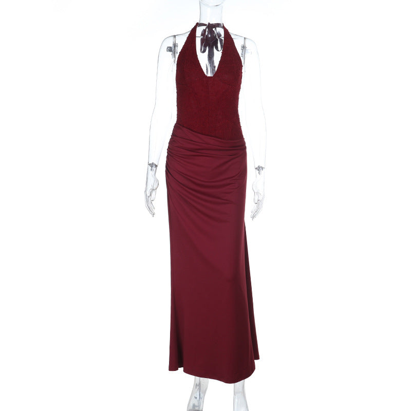 Halter self tie ruched v neck backless maxi dress  | Festival Outfits Women