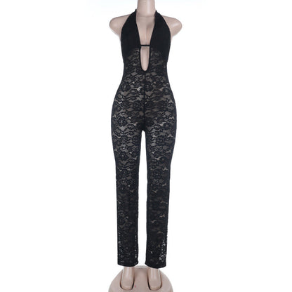 Hollow out lace halter self tie backless jumpsuit  | Festival Outfits Women