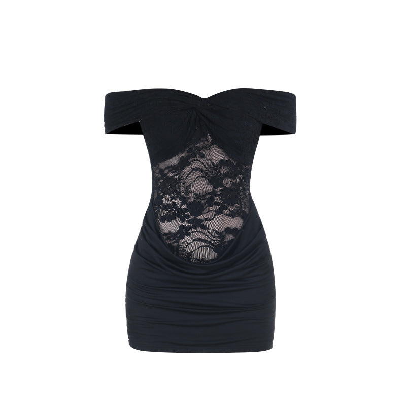 Off shoulder lace ruched solid mini dress  | Festival Outfits Women