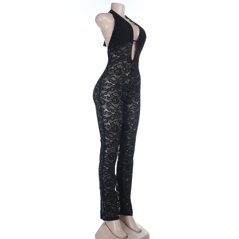 Hollow out lace halter self tie backless jumpsuit  | Festival Outfits Women