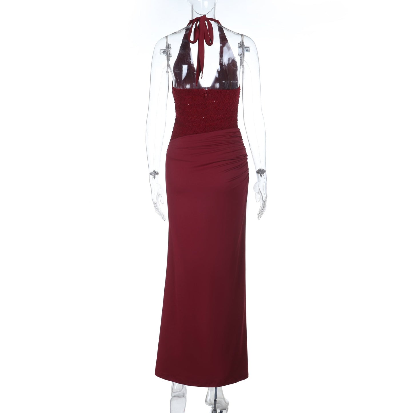 Halter self tie ruched v neck backless maxi dress  | Festival Outfits Women