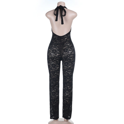 Hollow out lace halter self tie backless jumpsuit  | Festival Outfits Women