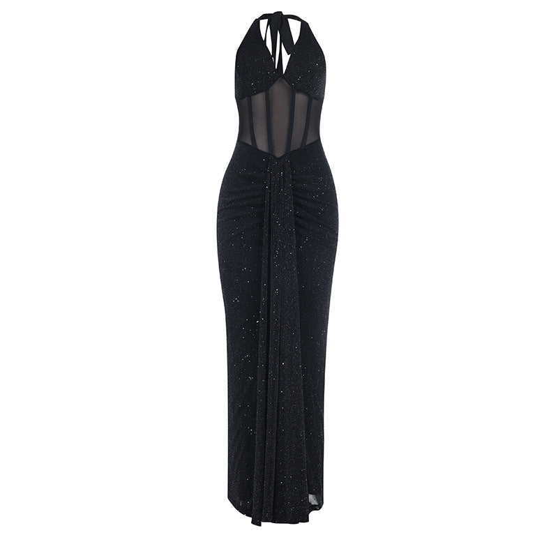 Ruched v neck halter self tie backless maxi dress  | Festival Outfits Women