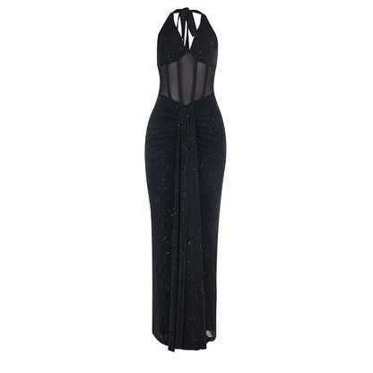 Ruched v neck halter self tie backless maxi dress  | Festival Outfits Women