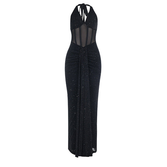 Ruched v neck halter self tie backless maxi dress  | Festival Outfits Women